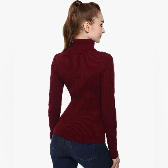 AmélieBoutik Women Cotton Turtleneck Cable Knit Long Sleeve Sweater Burgundy - Picture 2 of 8